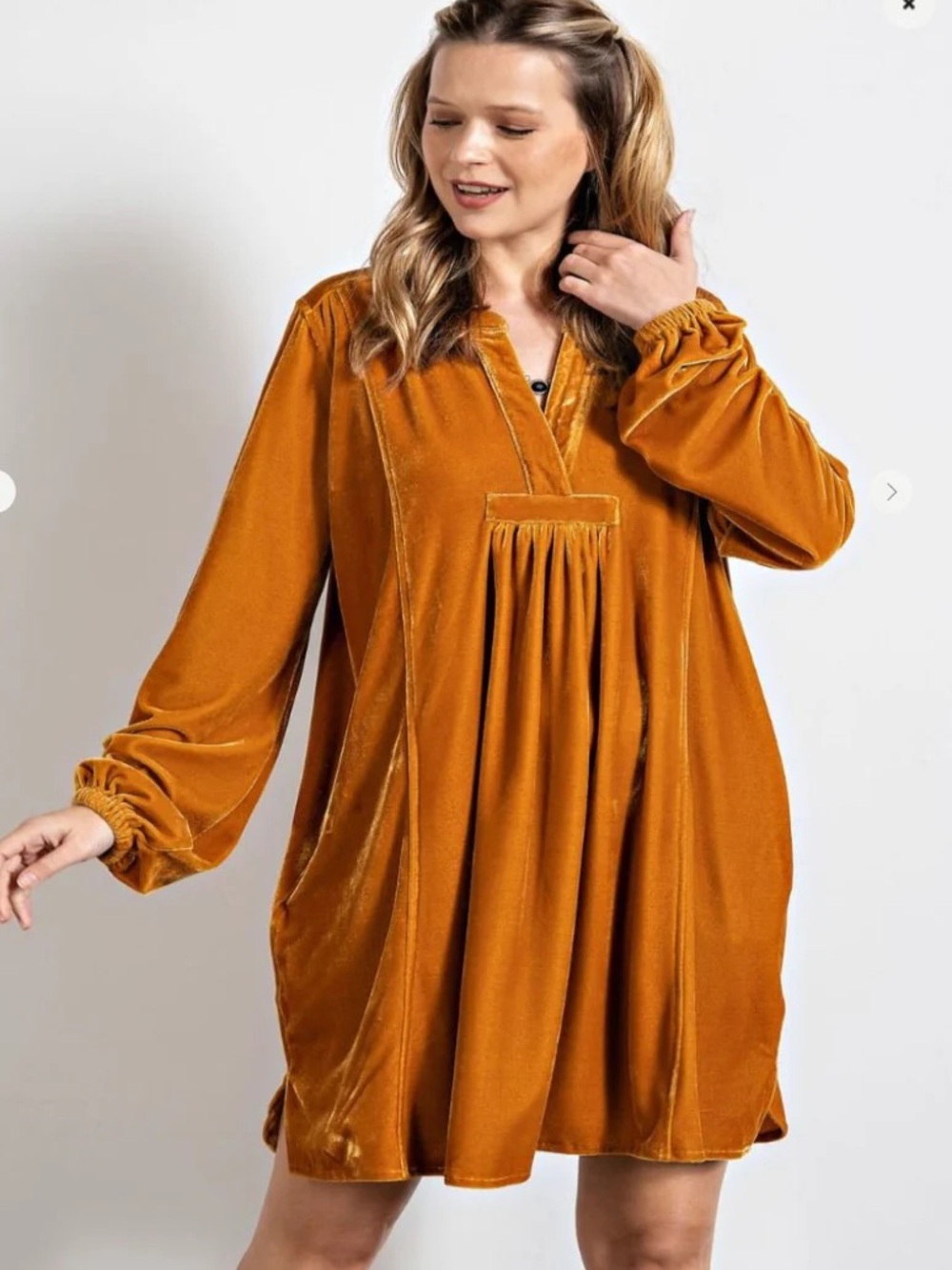 Bad Little Country Girl Mustard Velvet Pleated V-Neck Tunic Dress size medium